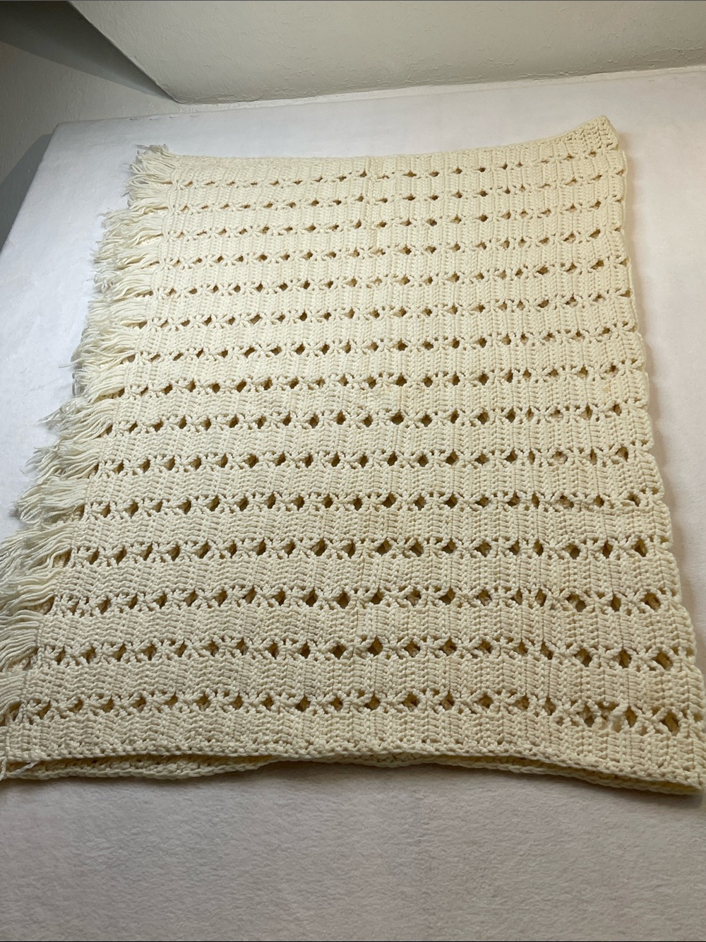 Handmade Cream Crochet Throw Blanket with Fringe 40 X 58 inches